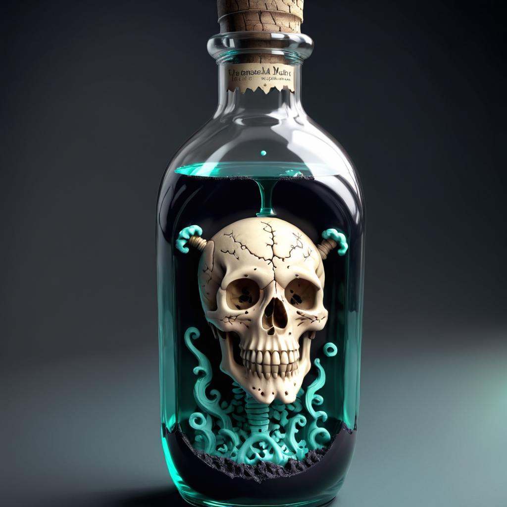 Thick layered papercut art of skull in a bottle 3d model,  hyper realistic poison bottle,  glass skull on Tensor.Art