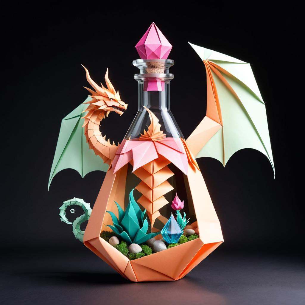 origami style an illustration of a bottle with a dragon inside fantasy game spell symbol painting of one health potion pot...
