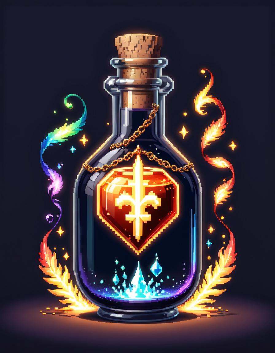 pixel-art a bottle with a fire inside and a rainbow trail potion of healing magical potions magic potions alchemy concept...