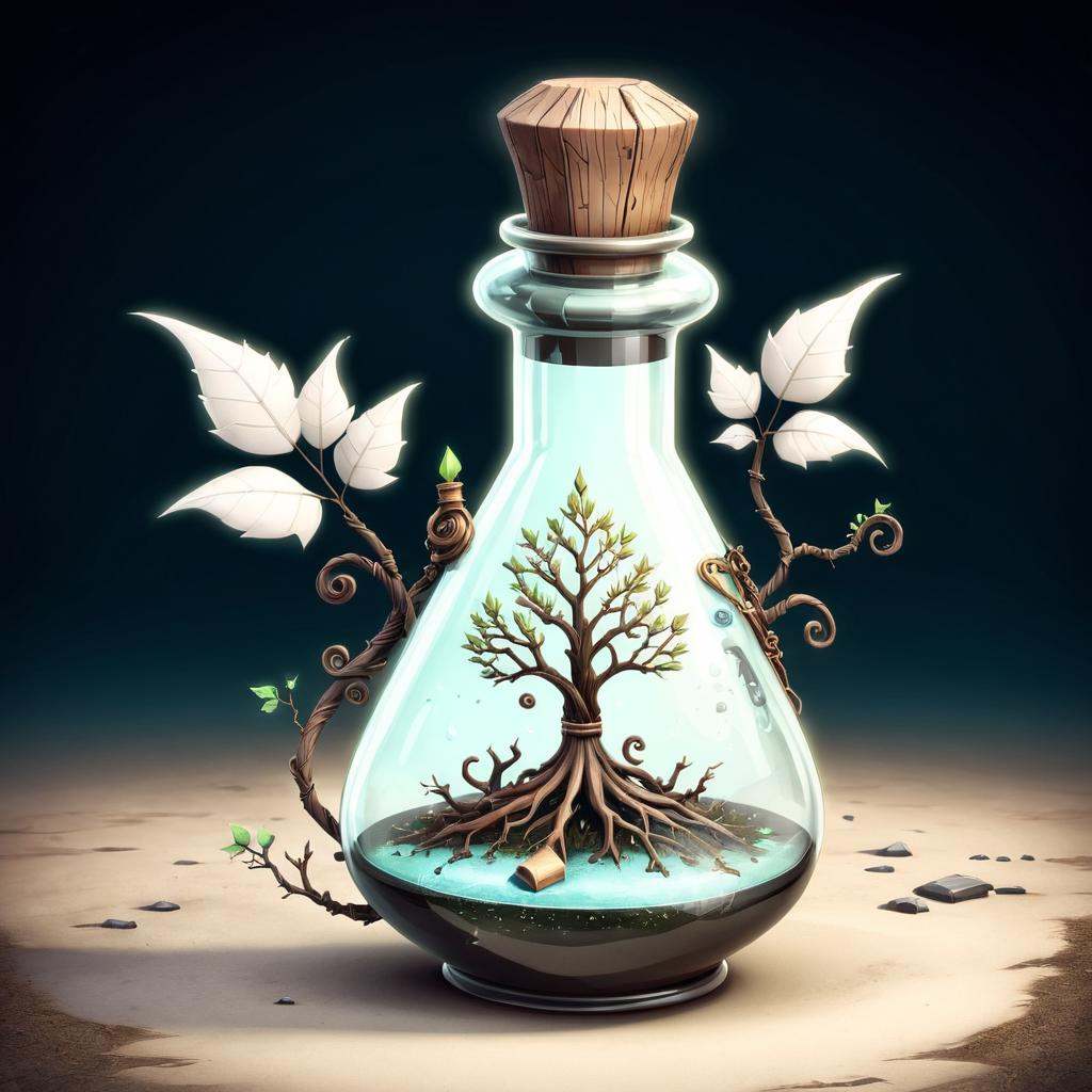 Dystopian style a bottle with a tree and a tree inside potion of healing 3 d render stylized stylized game art fantasy gam...