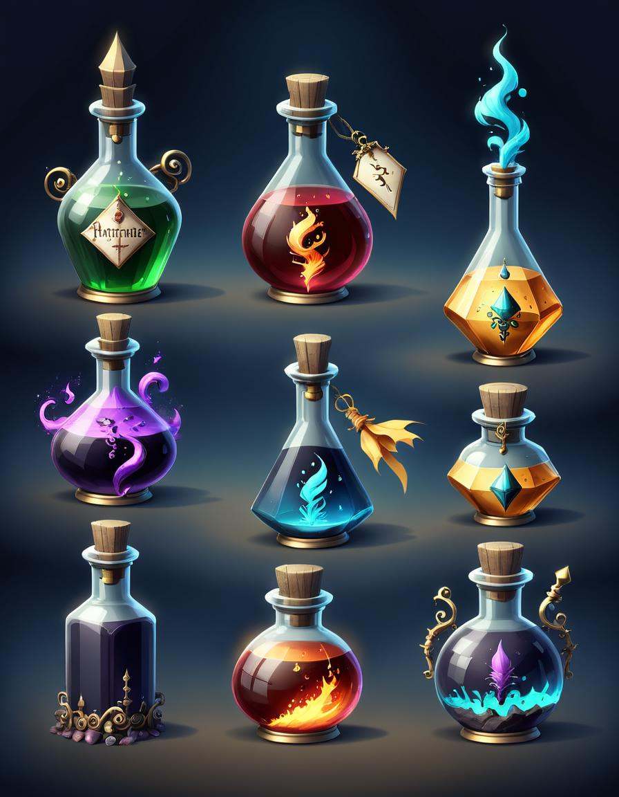 concept art a set of different potions and potions in bottles alchemist bottles magic potions potions magical potions alch...