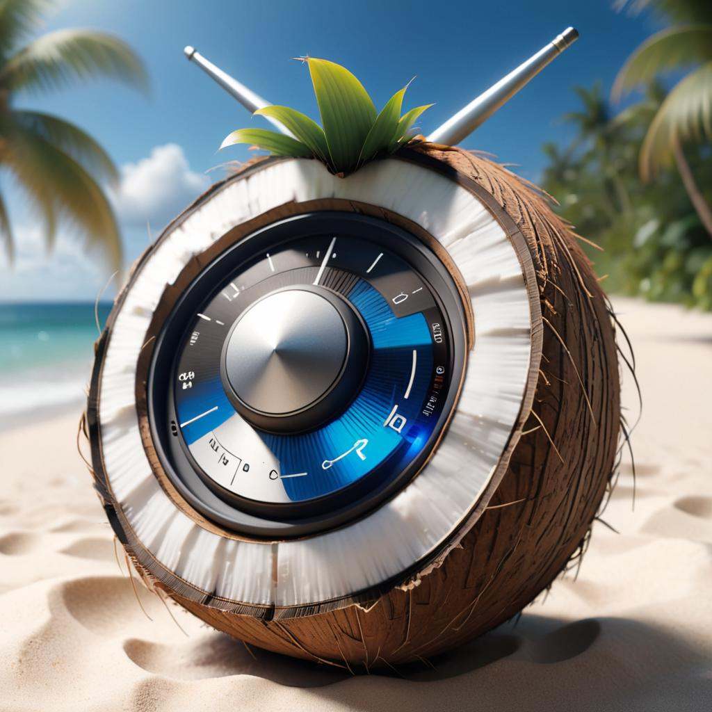 concept art of 4K digital render of a coconut crafted into the form of a radio. The hairy exterior forms the body,  while...