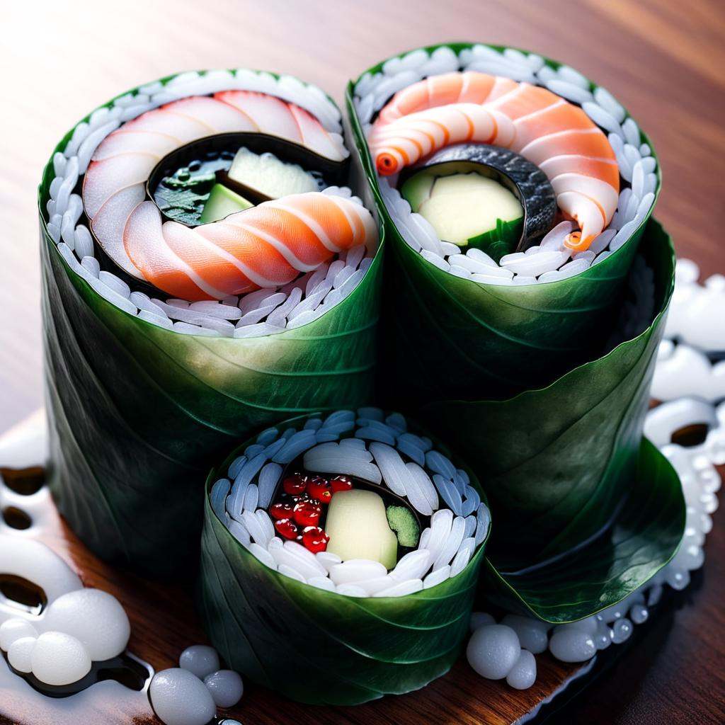 concept art of Hyperrealistic illustration of a sushi roll,  but the seaweed wrap is a continuous,  swirling tentacle. The...