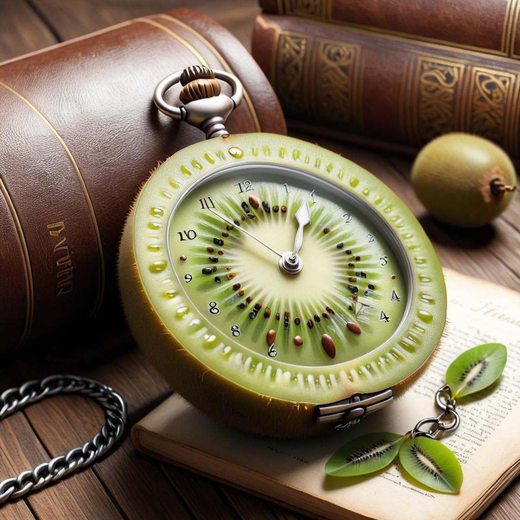 concept art of 4K photorealistic image of a kiwi fruit transformed into a pocket watch. The kiwi's seeds form the watch's...