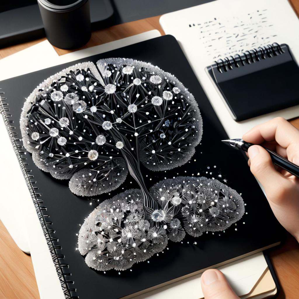 concept art of there is a pen that is laying on a notebook with a drawing of a brain,  black micron pen illustration,  on...