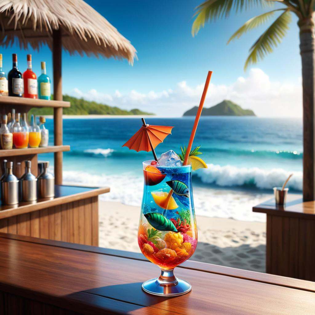 concept art of 4K digital art of a colorful cocktail glass at a beach bar. But instead of a regular drink,  the cocktail c...