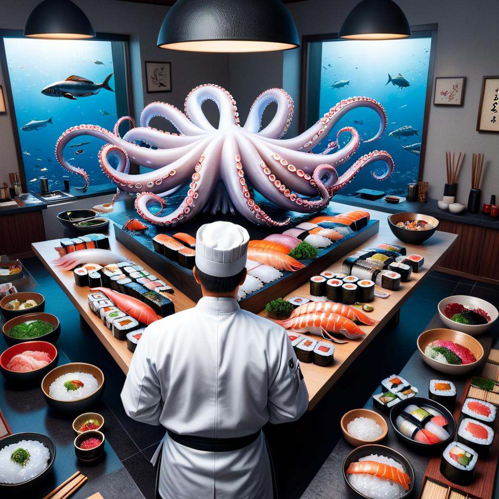 concept art of Digital art of a sushi chef's table,  but the chef is a giant,  elegant octopus. Its tentacles skillfully s...