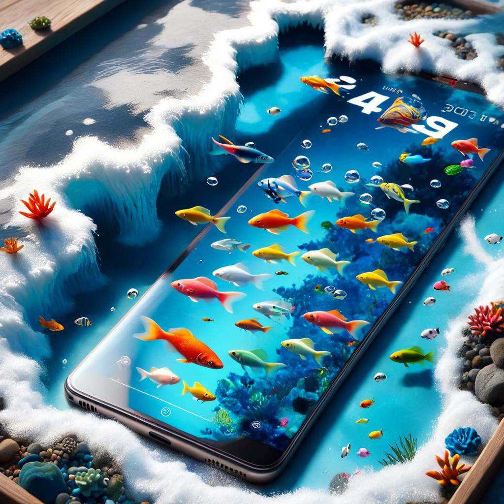 concept art of "4K Photorealistic Image of a Cellphone,  but Instead of a Screen,  Its Display Is a Liquid Aquarium. Color...