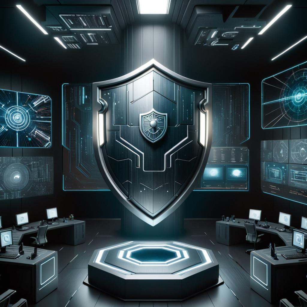 concept art of a close up of a futuristic room with a shield on a pedestal,  cyber security polygon,  computers and hologr...