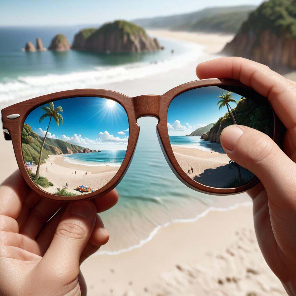 concept art of someone holding up a pair of sunglasses with a picture of a beach,  photorealistic illustration,  realistic...