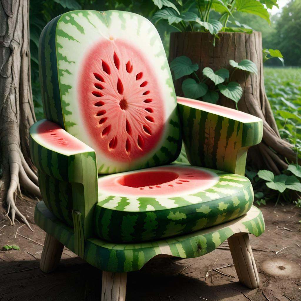 concept art of "Realistic depiction of a watermelon carved into the shape of a chair. The watermelon's green exterior form...