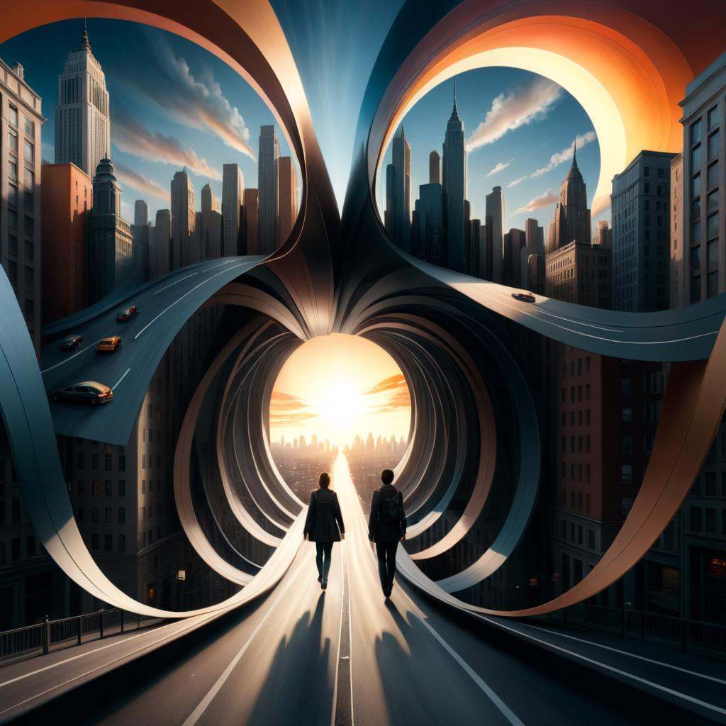 concept art of "Creative surreal composition that presents a cityscape where buildings twist and bend like ribbons,  pedes...