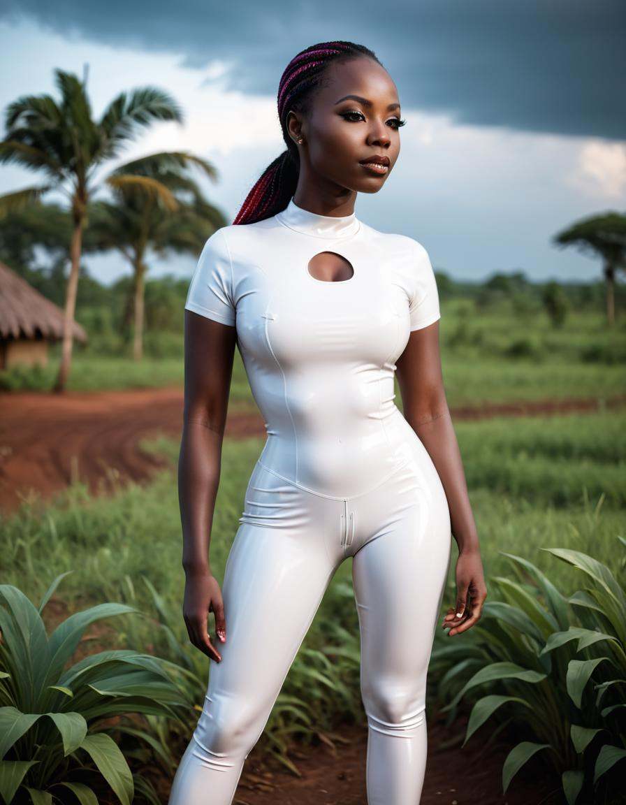 cinematic film still latex white leggings,  Dreamlike Ugandan woman,  she is dressed in Bantu latex on Tensor.Art