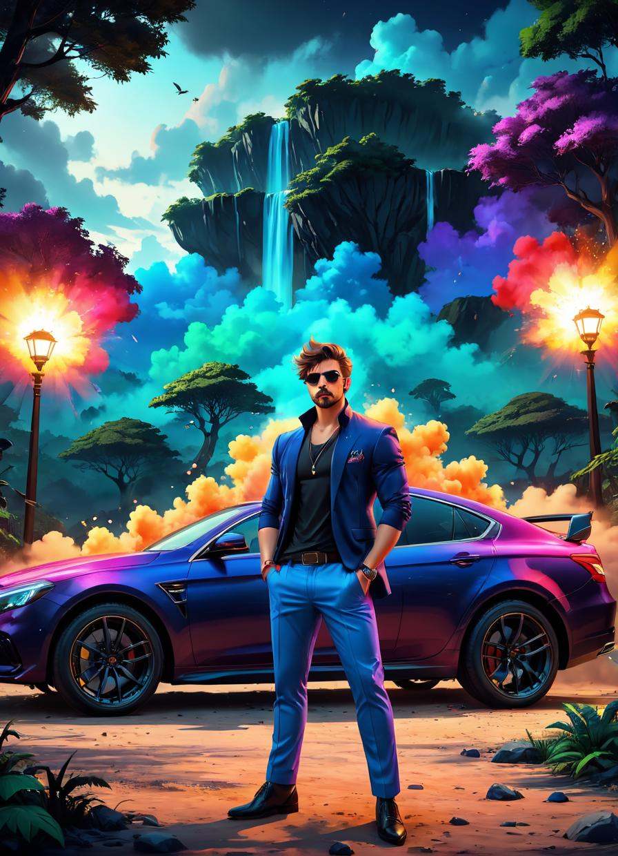 comic man standing in front of a luxury car in front of a large house,  luxury lifestyle,  in front of a garage on Tensor.Art