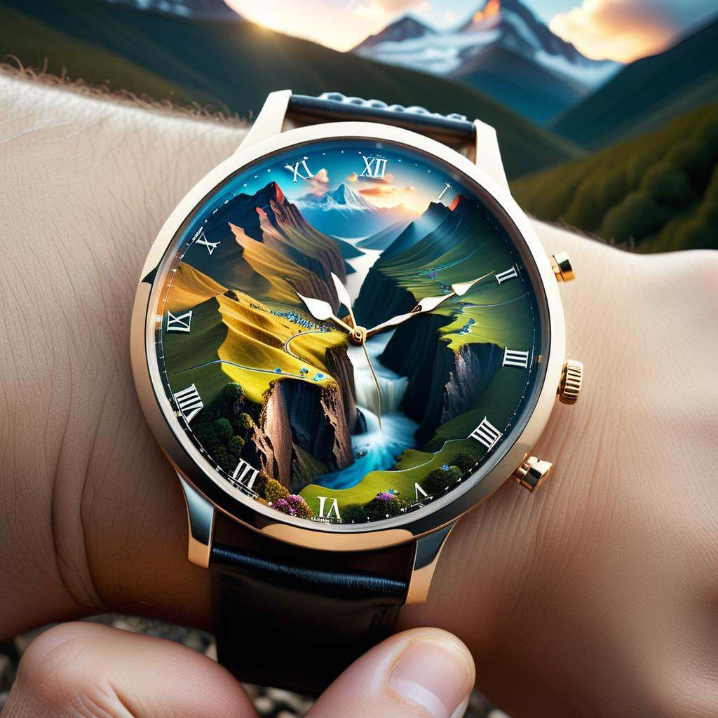 Surrealist art 4K digital render of a wristwatch worn on a hand. The watch face doesn't show time but displays a miniature...