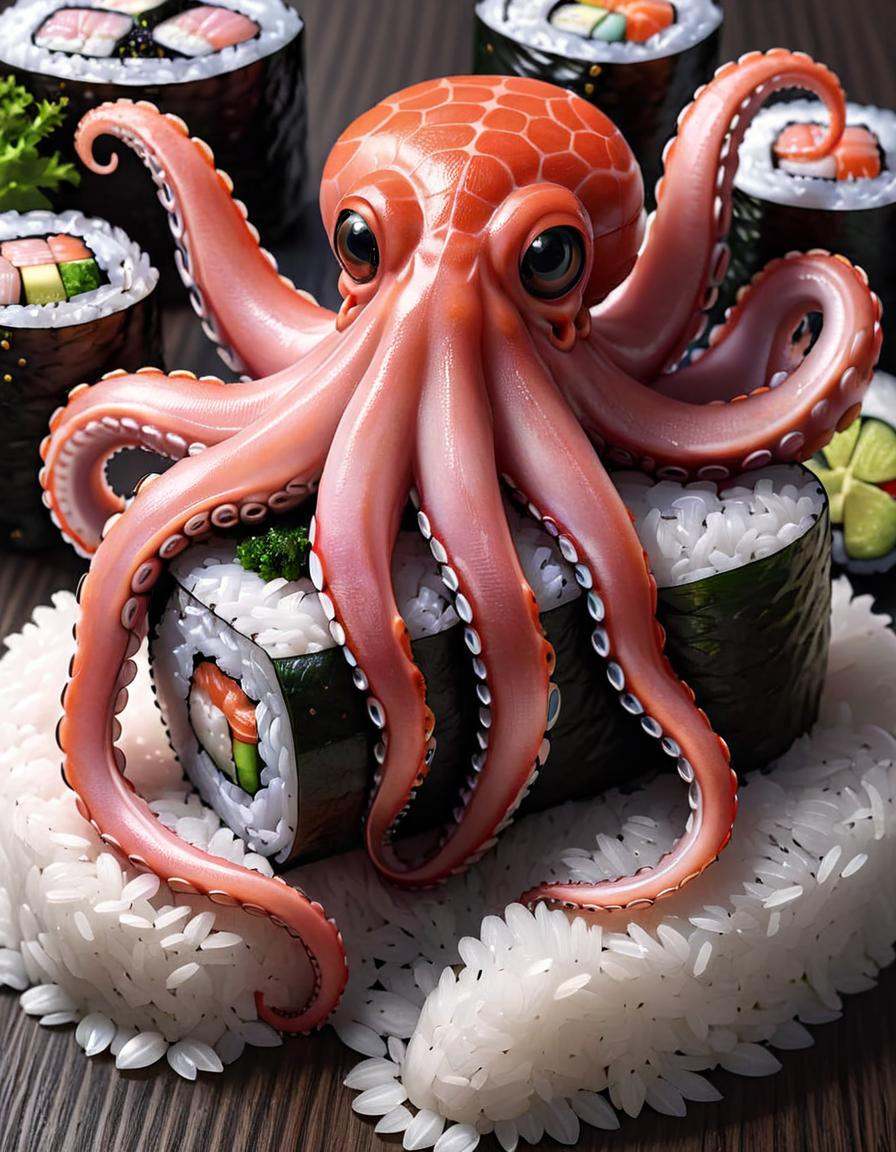 comic Surrealist art of there is a sushi with a large octopus head on top of rice,  amazing photorealistic graphics,  amaz...