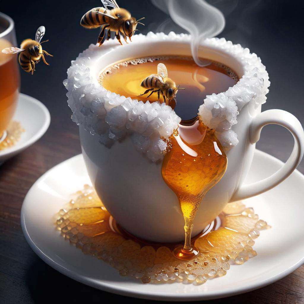 concept art [X] 4K photorealistic image of a coffee cup,  but instead of ceramic,  it's crafted from crystallized honey. W...