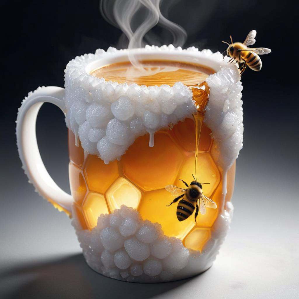 concept art [X] 4K photorealistic image of a coffee mug,  but instead of ceramic,  it's crafted from crystallized honey. W...