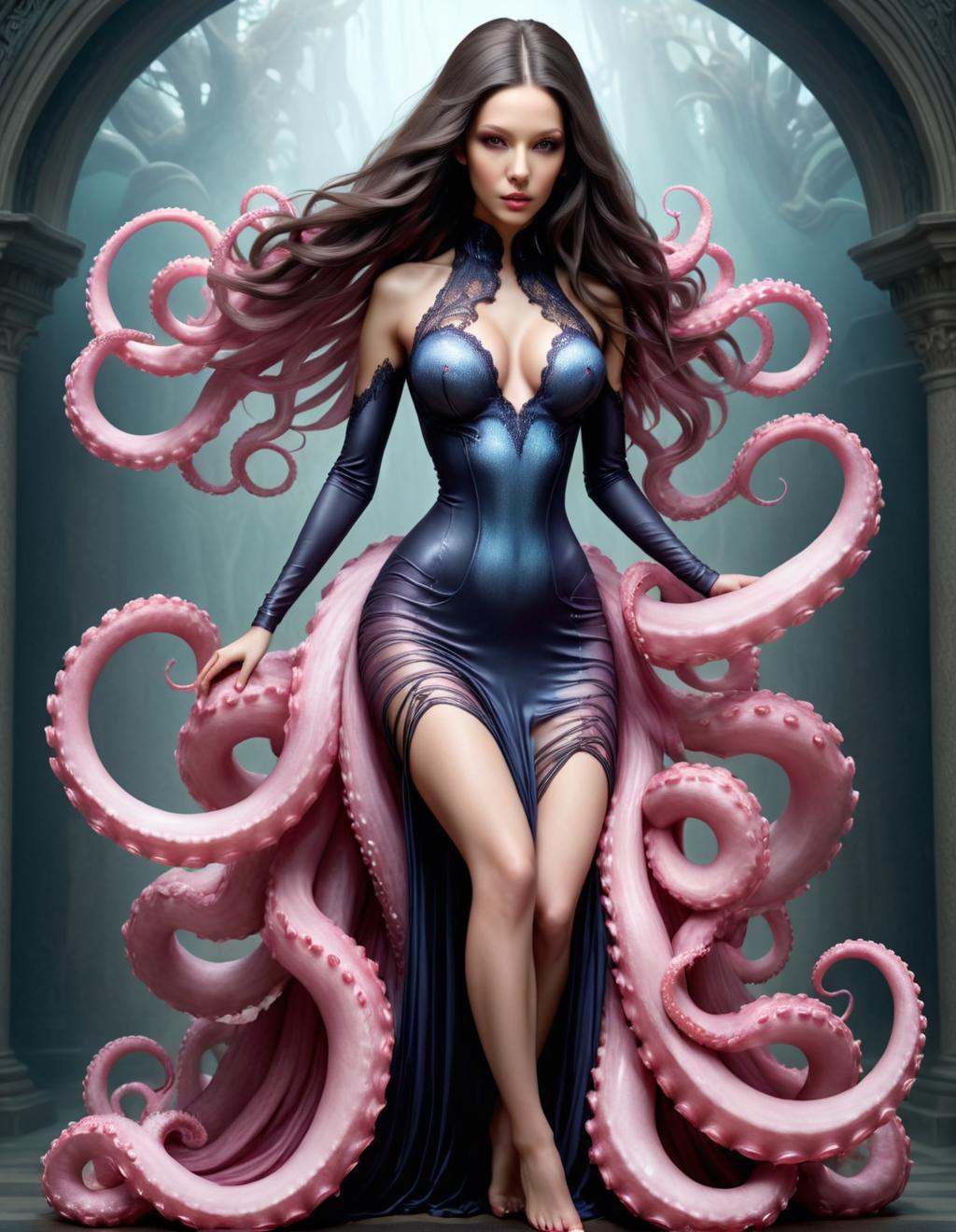 ethereal fantasy concept art of a woman with long hair sitting on a pink octopus,  beautiful octopus woman,  portrait of a...