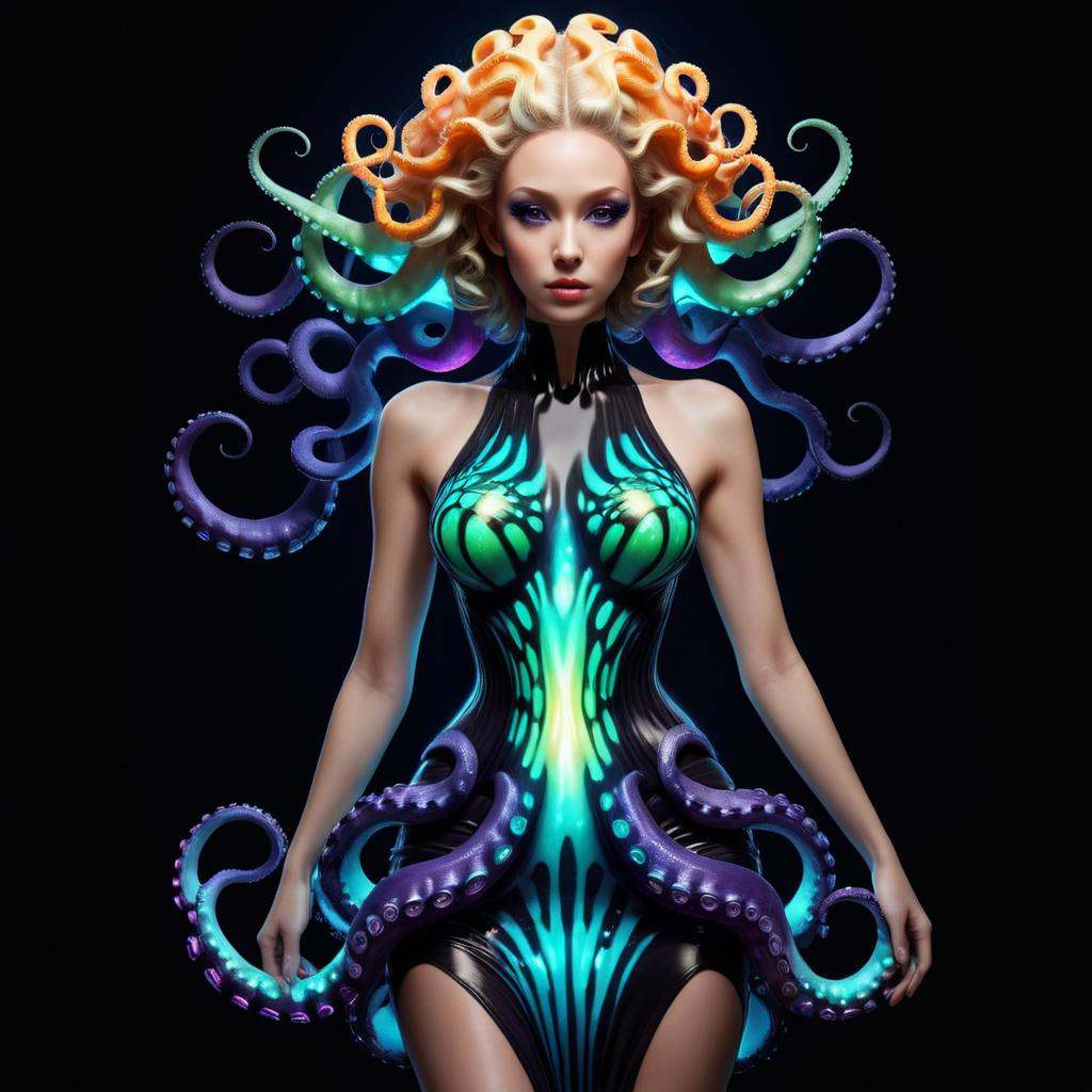 Advertising poster style a woman with a glowing dress and octopus tentacles,  beautiful octopus woman,  portrait of an oct...