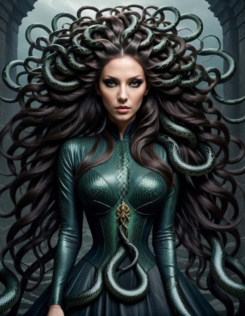 concept art a woman with long hair and snakes in her hair,  her many snakes as hair,  long flowing medusa hair on Tensor.Art