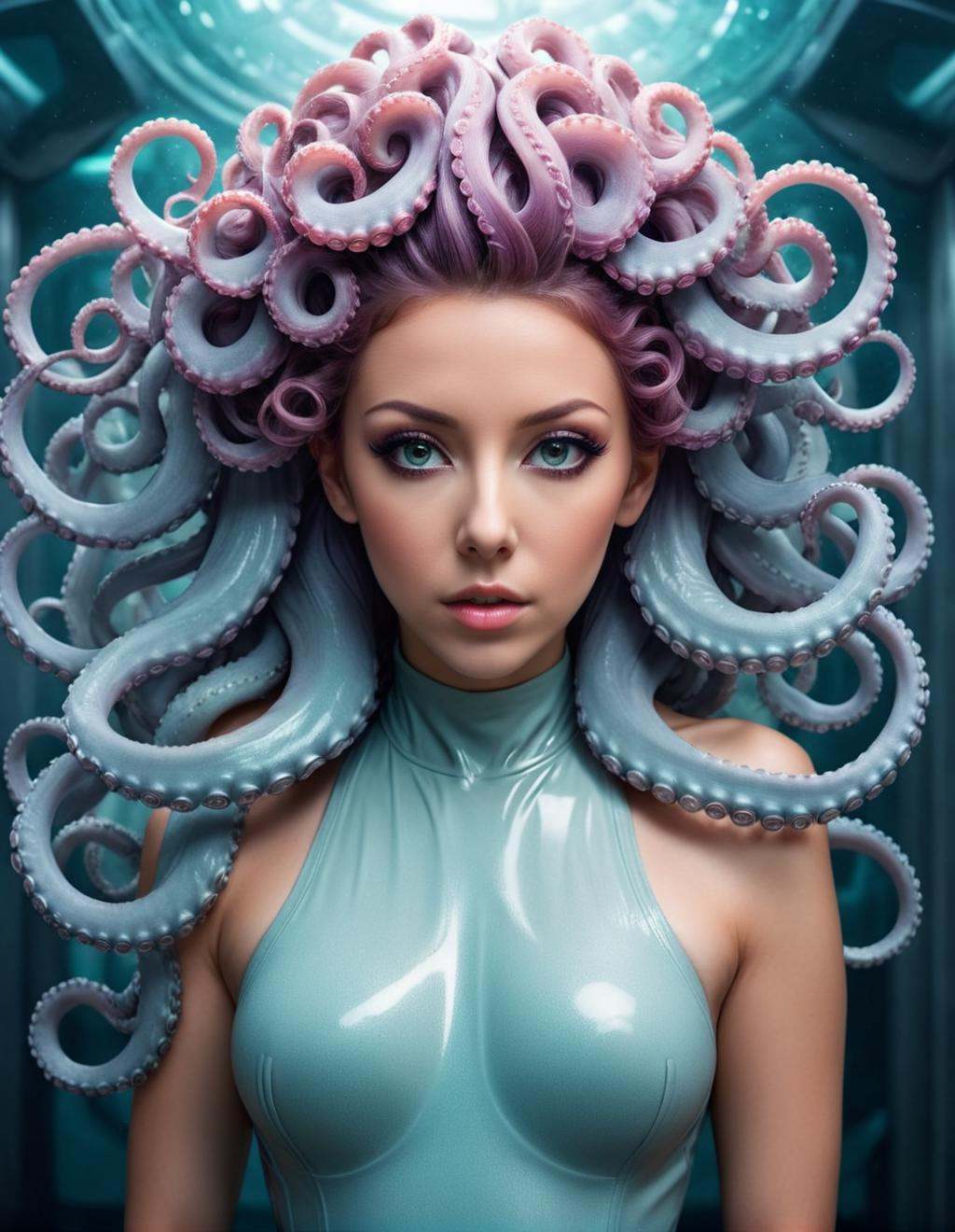 cinematic photo a woman with octopus tentacles in her hair,  beautiful octopus woman,  portrait of an octopus goddess on T...
