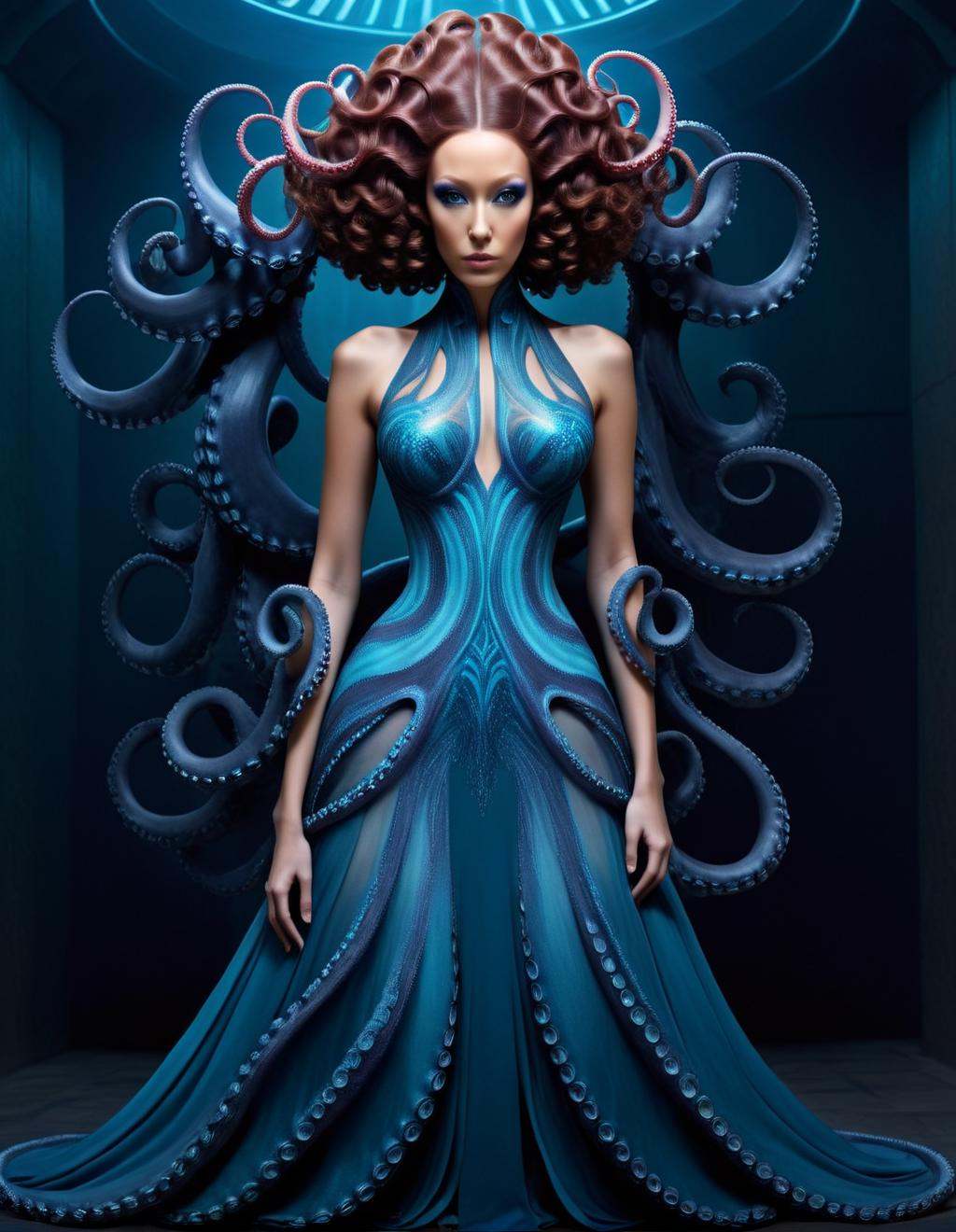 Hyperrealistic art a woman with octopus tentacles and a blue dress,  beautiful octopus woman,  portrait of an octopus godd...