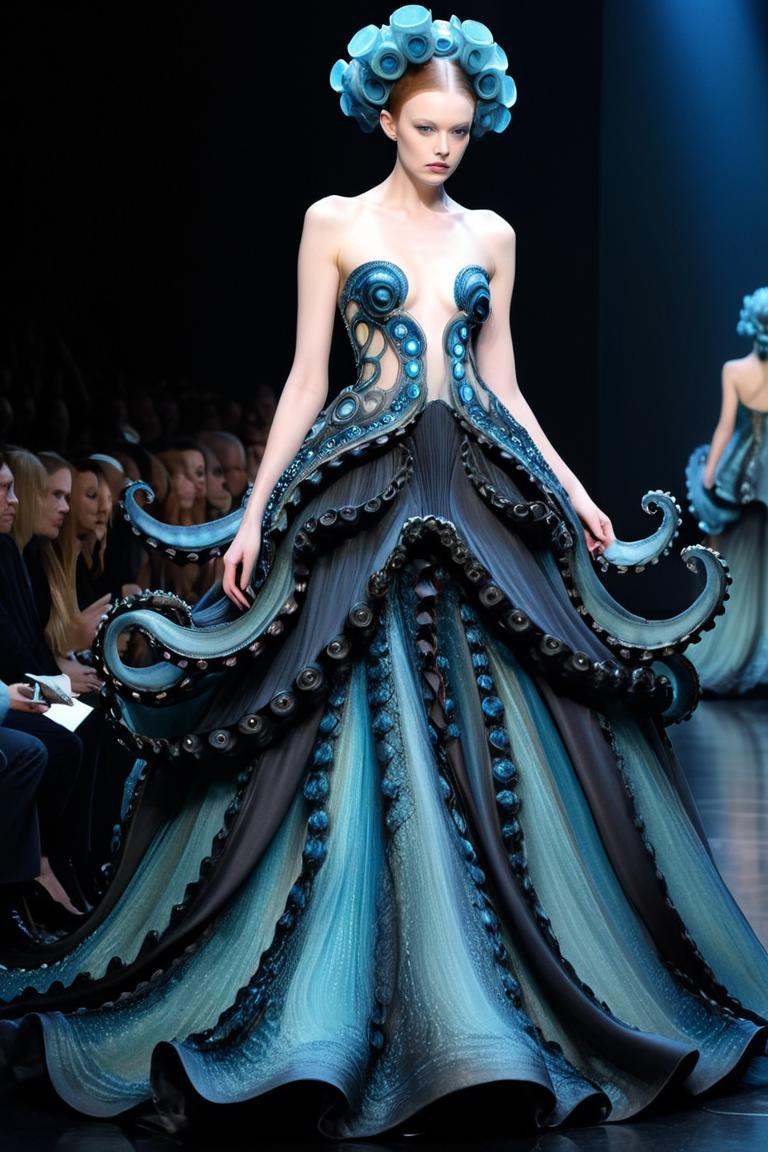 Alien-themed a woman in a dress with octopus tentacles,  girl at a fashion show in hell,  beautiful elegant demon queen on...