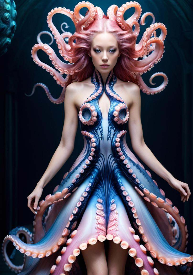 Long exposure photo of a woman in a dress with octopus tentacles,  intricate fantasy dress,  beautiful octopus woman on Te...