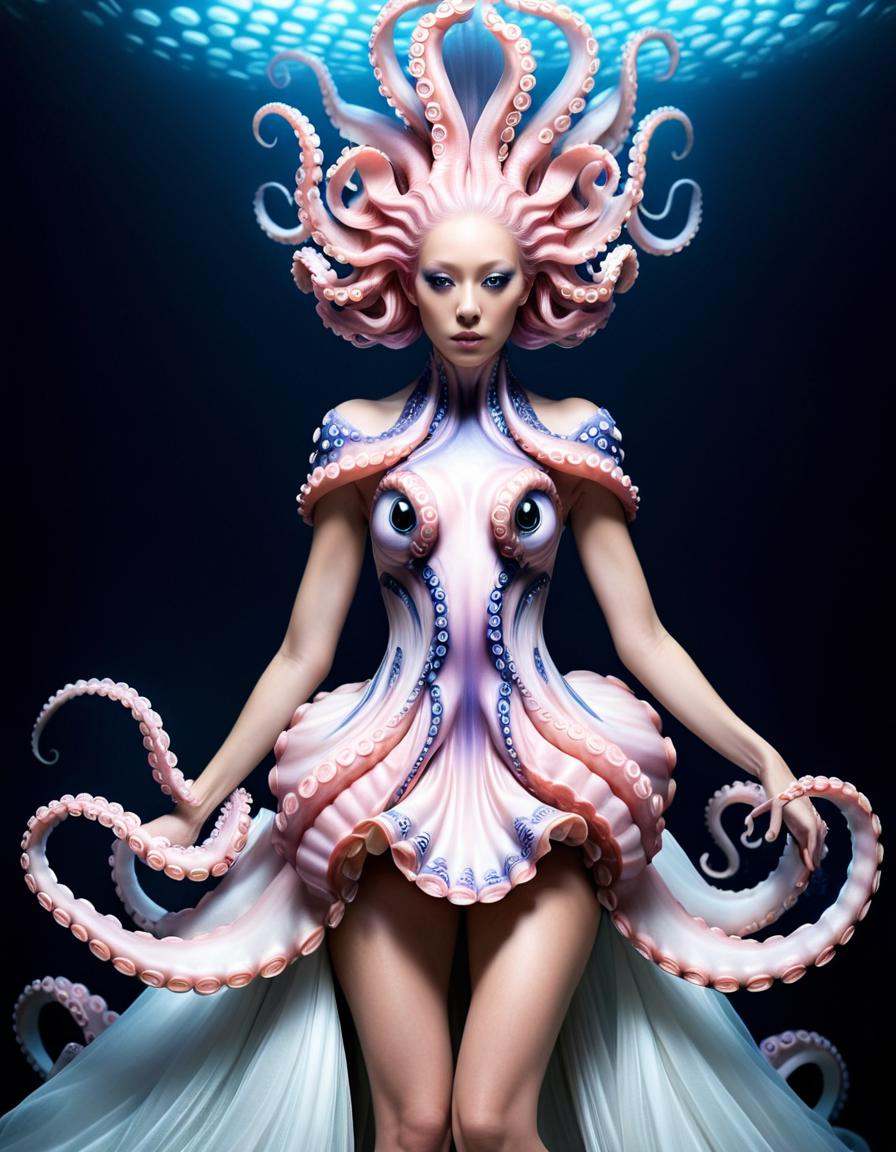 Long exposure photo of a woman in a dress with octopus tentacles,  intricate fantasy dress,  beautiful octopus woman on Te...