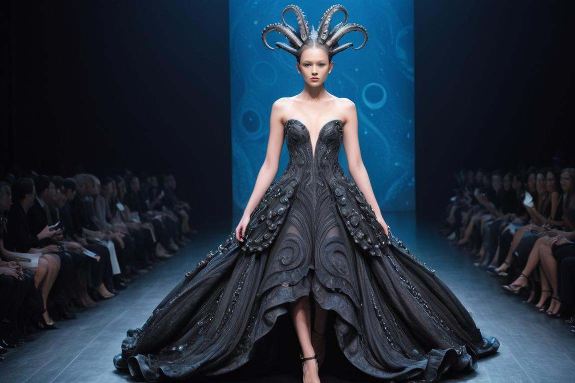 Alien-themed a woman in a dress with octopus tentacles,  girl at a fashion show in hell,  beautiful elegant demon queen on...