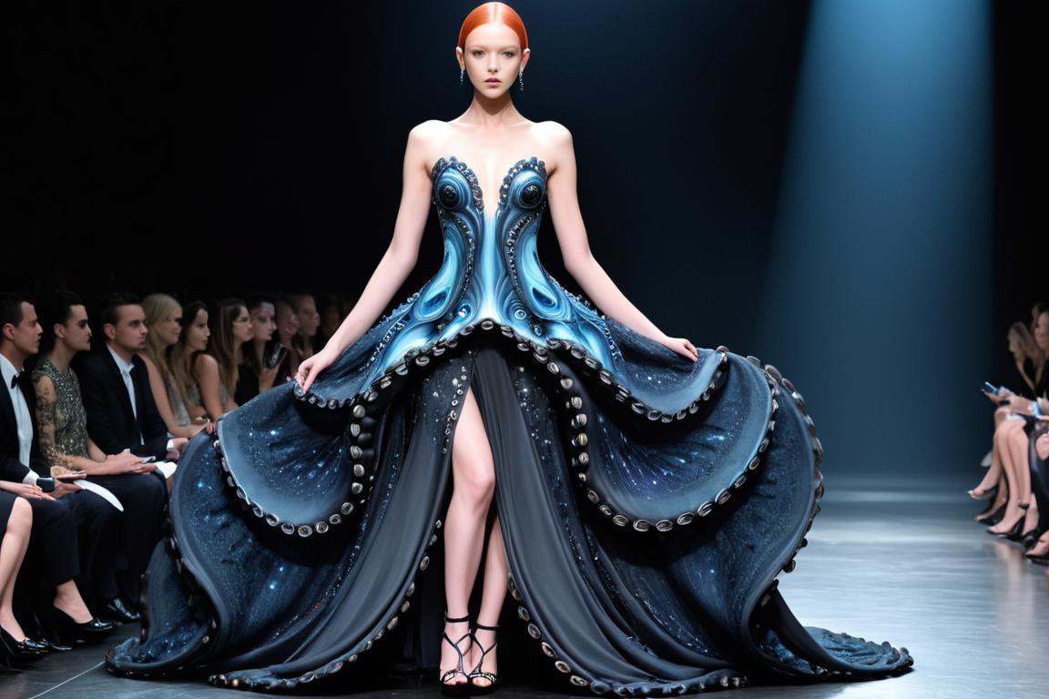Alien-themed a woman in a dress with octopus tentacles,  girl at a fashion show in hell,  beautiful elegant demon queen on...