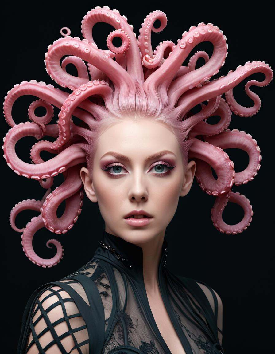 Renaissance style of ,  fashion show,  terrace a woman with pink hair and octopus tentacles on Tensor.Art