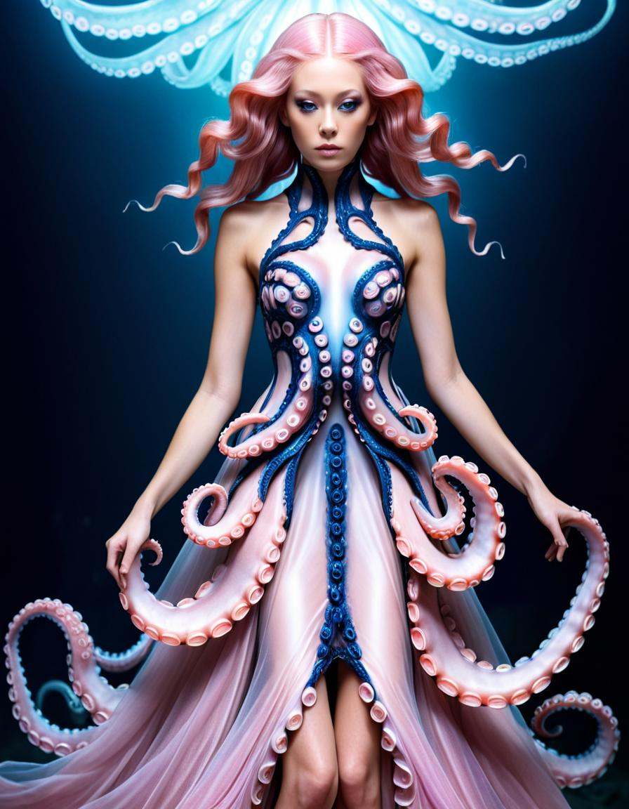 Long exposure photo of a woman in a dress with octopus tentacles,  intricate fantasy dress,  beautiful octopus woman on Te...