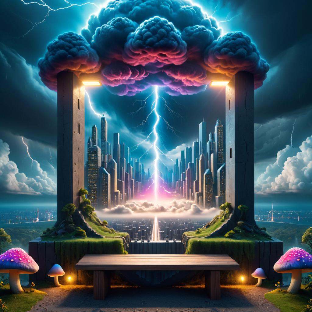 Surrealist art ,  "a bench with a city scene on it,  sitting on a miniature city on Tensor.Art