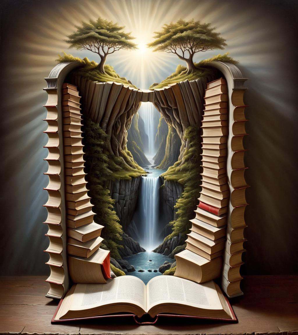 Surrealist art a book with a light shining through it,  books cave,  open magic book glowing on Tensor.Art
