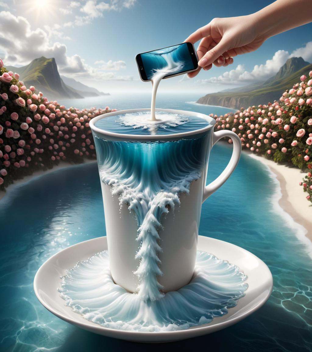 Surrealist art ,  "a smartphone with fish swimming in the water,  3 d fluid simulation render on Tensor.Art