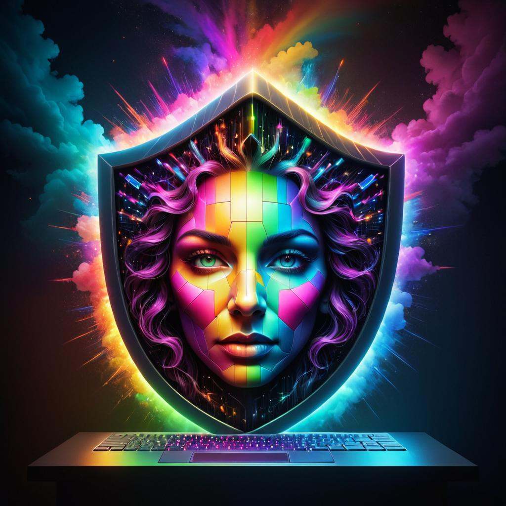 Surrealist art ,  "a shield with a lock in the middle of a computer screen,  cyber security polygon on Tensor.Art