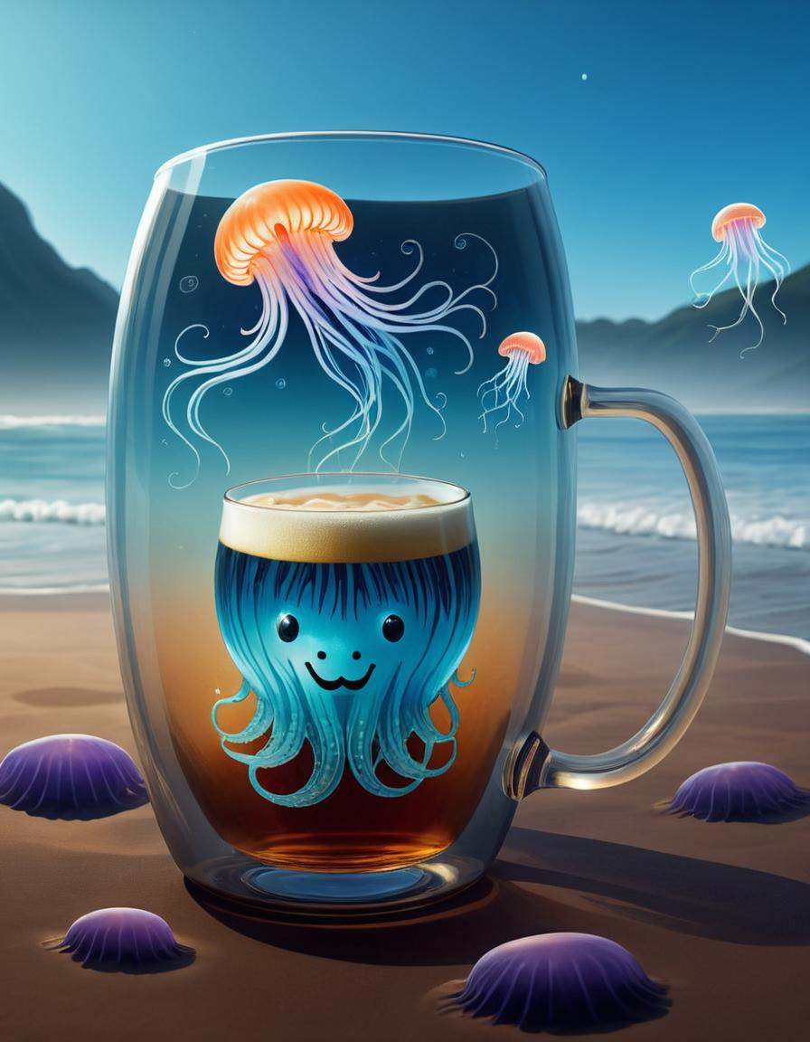 comic of a mug with jellyfish in it,  trapped in tall iced tea glass,  surreal water art on Tensor.Art