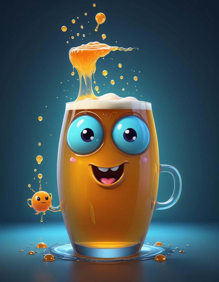 concept art a cartoon character is in a beer glass,  boiling imagination in a bowl,  character is covered in liquid on Ten...