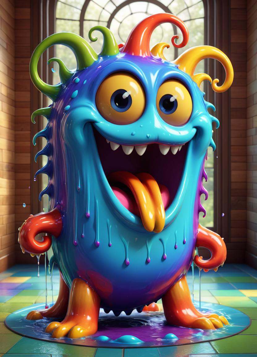 Stained glass style a colorful rainbow monster with a mouth full of paint,  cute 3 d render,  character is covered in liqu...