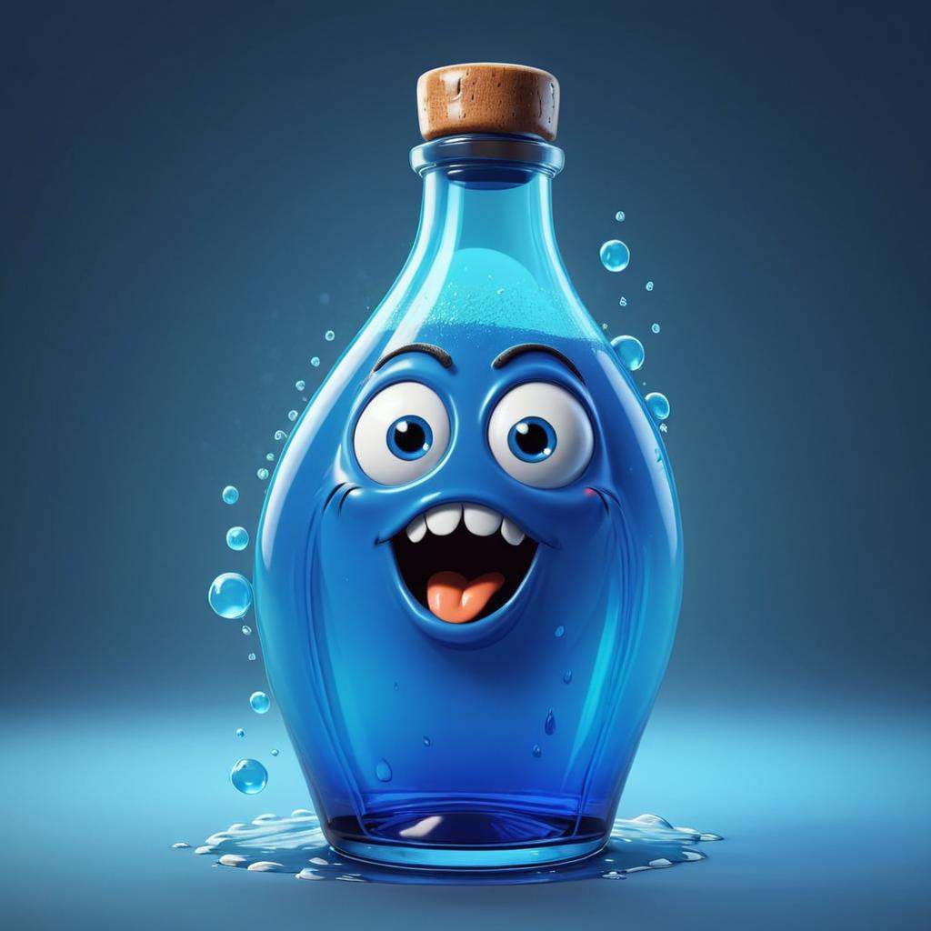 comic of a blue bottle with a face on it,  character is covered in liquid,  sherek head design as a bottle on Tensor.Art