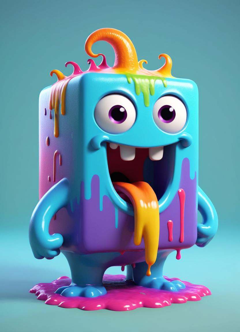 Minecraft style a colorful rainbow monster with a mouth full of paint,  cute 3 d render,  character is covered in liquid o...