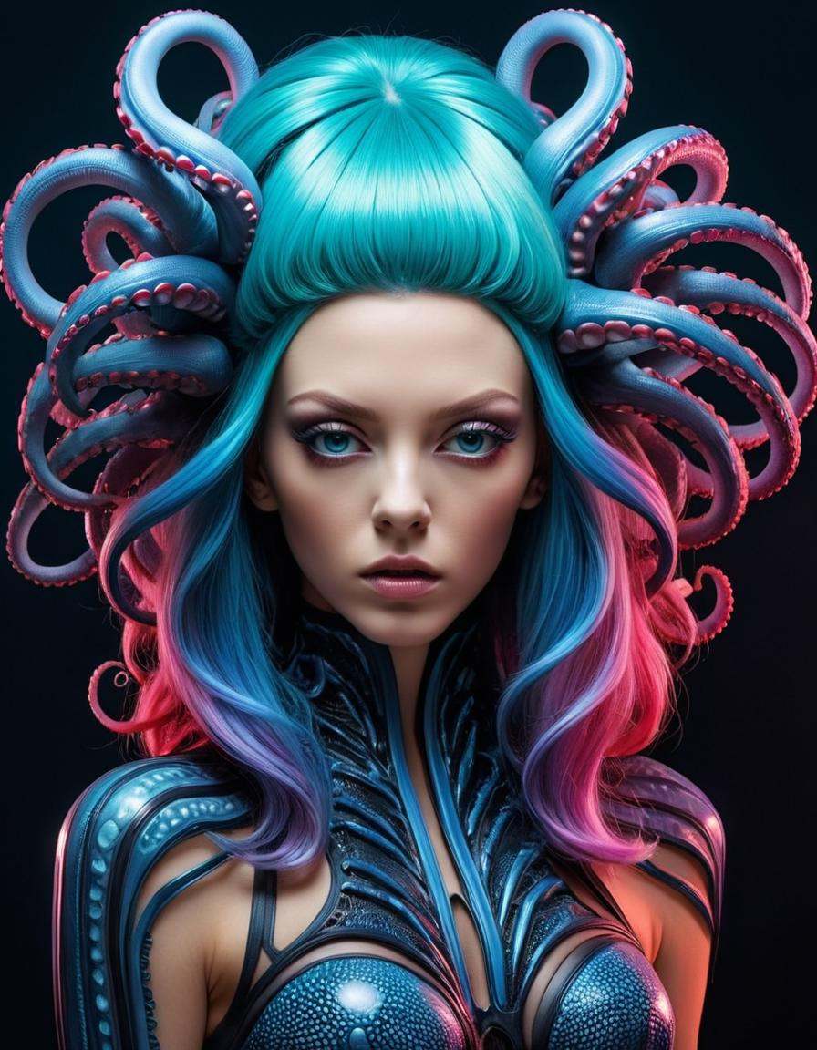 Gothic style of ,  fashion show,  Floating Neon Cyberpunk Markets a woman with colorful hair and a colorful wig on Tensor.Art