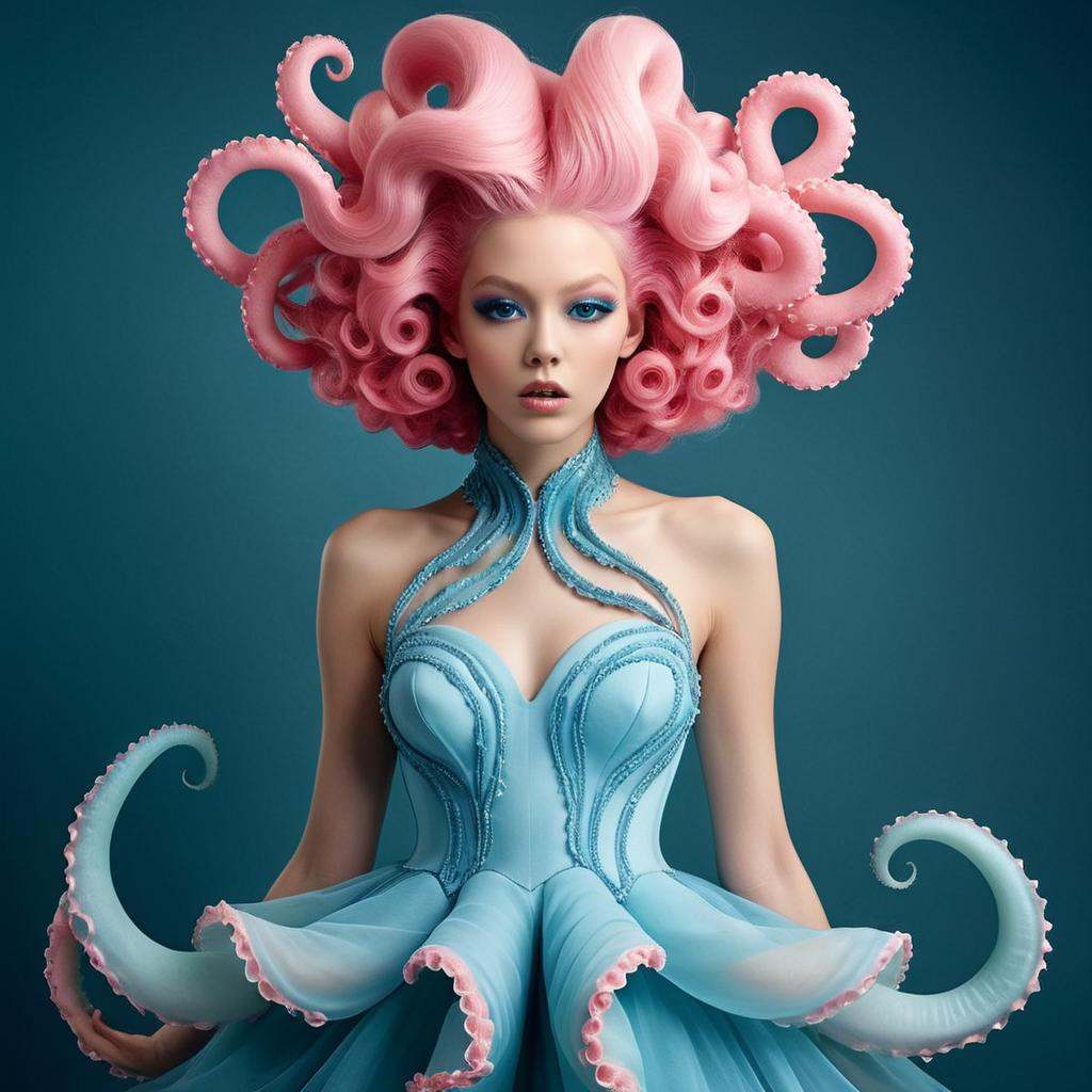Retro game art a woman with pink hair and blue dress,  avant garde fashion model,  inspired by Leonor Fini on Tensor.Art