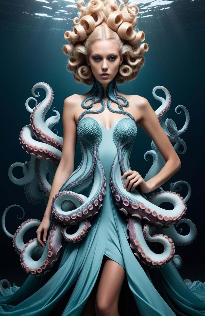 Gothic style of ,  a woman in a dress with octopus tentacles,  wearing a dress made of water on Tensor.Art