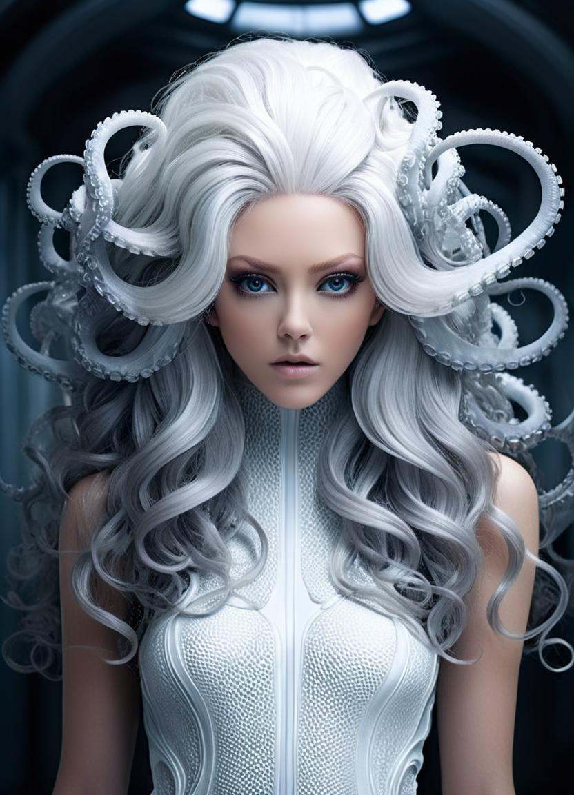 cinematic photo a woman with long white hair and tentacles,  portrait of an octopus goddess,  beautiful octopus woman on T...