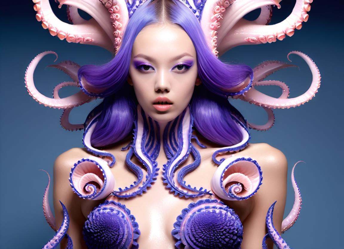 Psychedelic style of ,  a woman with purple hair and a black dress,  black and violet costume on Tensor.Art