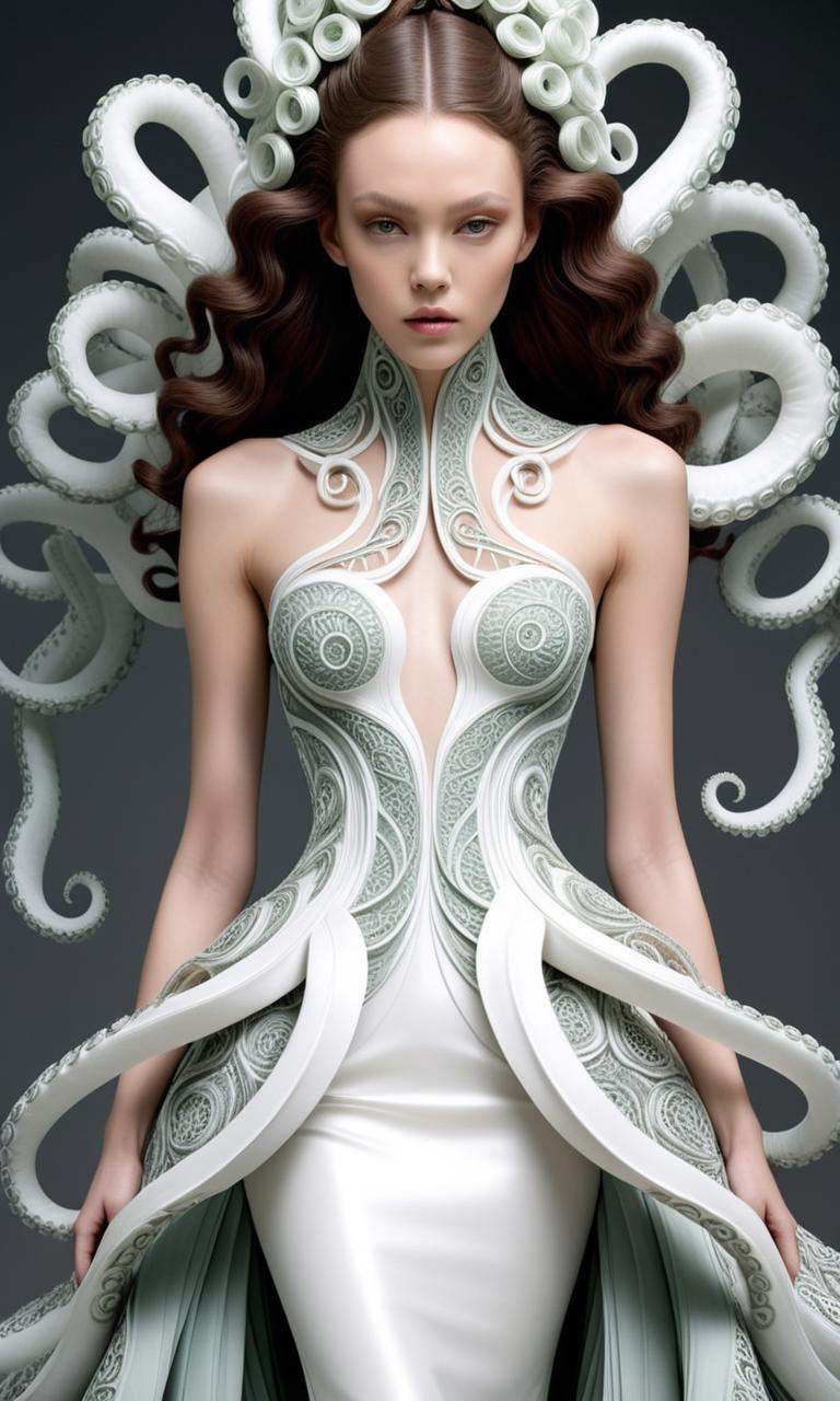 breathtaking a woman in a dress with tentacles around her,  beautiful octopus woman,  portrait of an octopus goddess on Te...