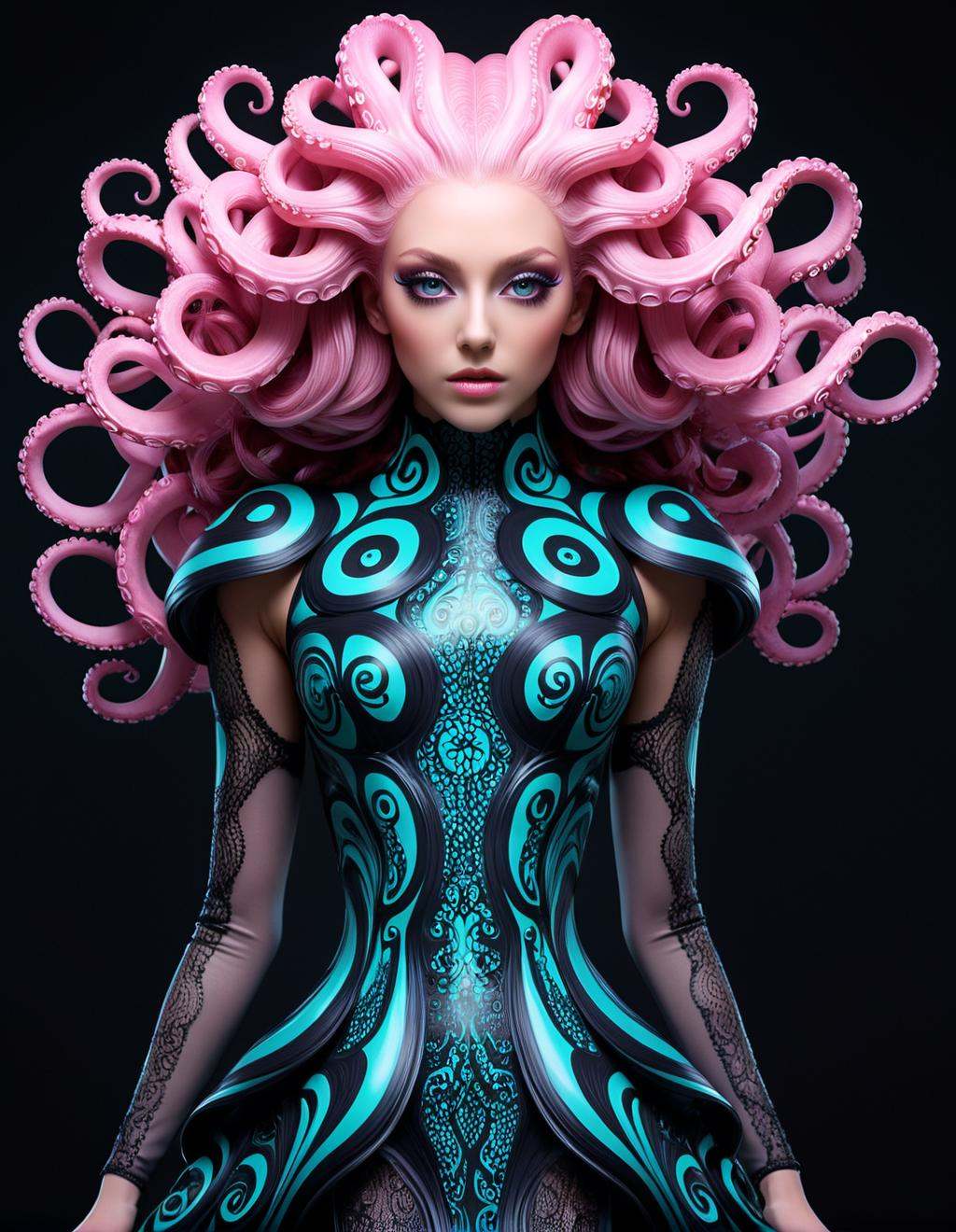Advertising poster style a woman with a glowing dress and octopus tentacles,  beautiful octopus woman,  portrait of an oct...
